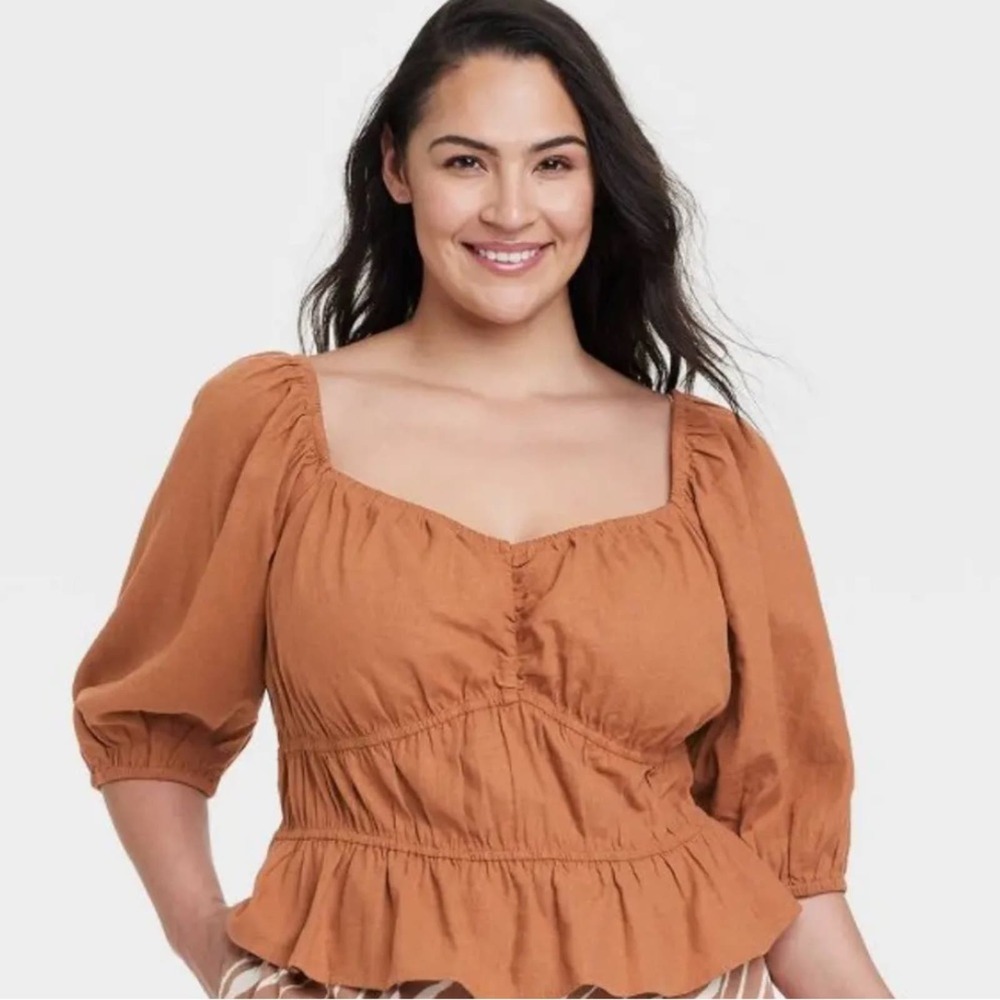 Women's Puff Elbow Sleeve Linen Peasant Shirt Top A New Day